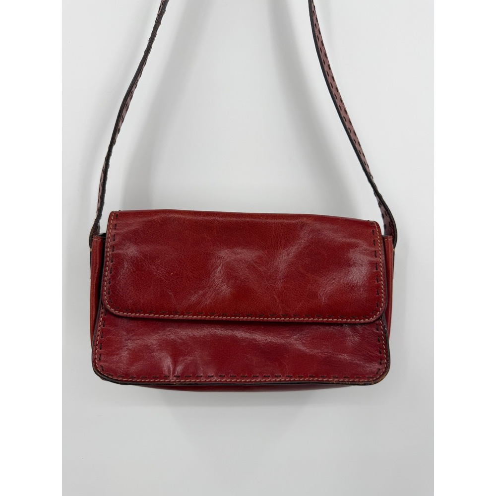 Fossil Vintage Leather Shoulder Bag Womens Small Red Whipstitch Flap Baguette - Picture 2 of 11